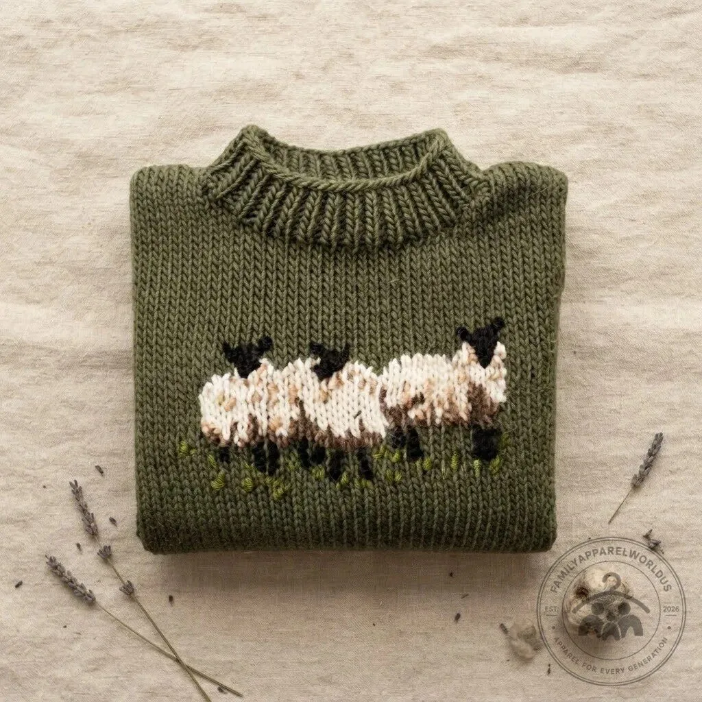 Cozy Green Sheep Pattern Knit Pullover Crewneck Sweater 9 Cozy Green Sheep Pattern Knit Pullover Crewneck Sweater product design shown in a detailed view