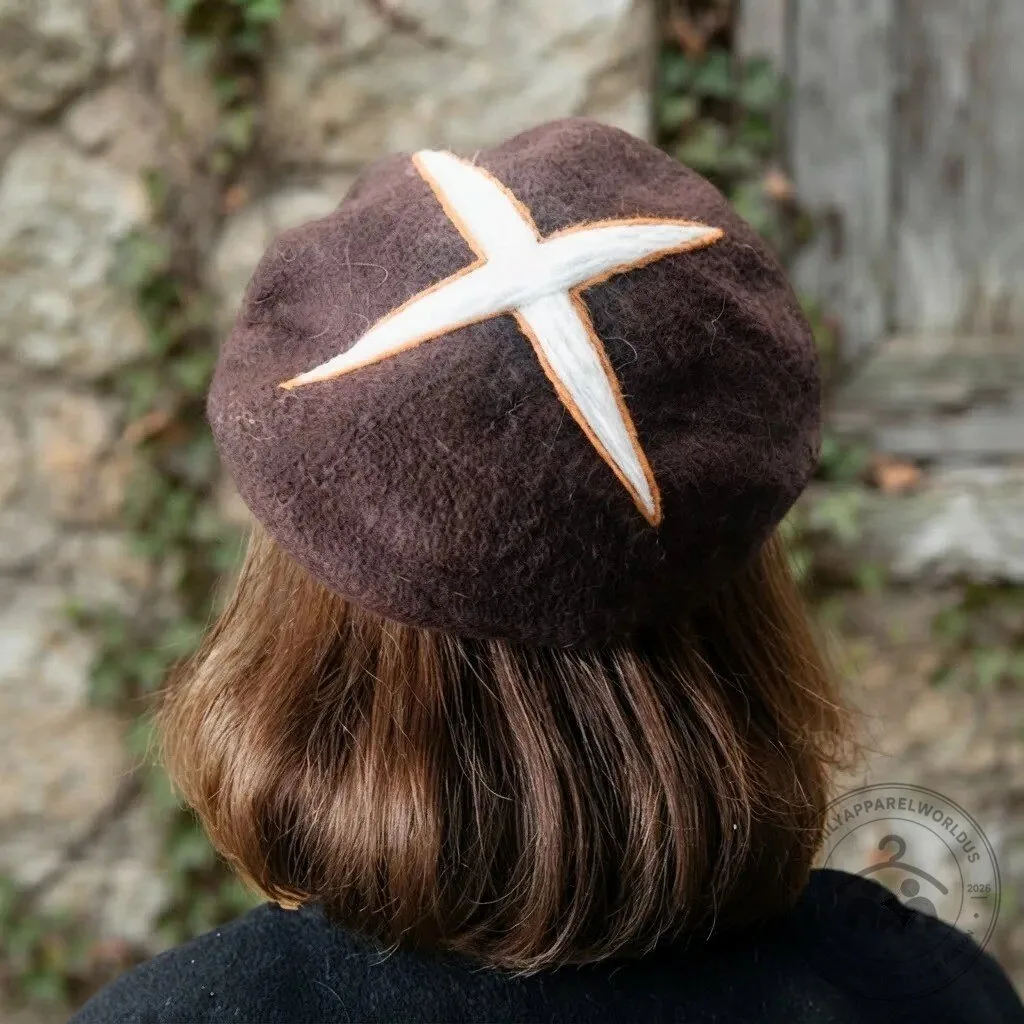 Cute Wool Felt Cross Pattern Bread Beret Hat