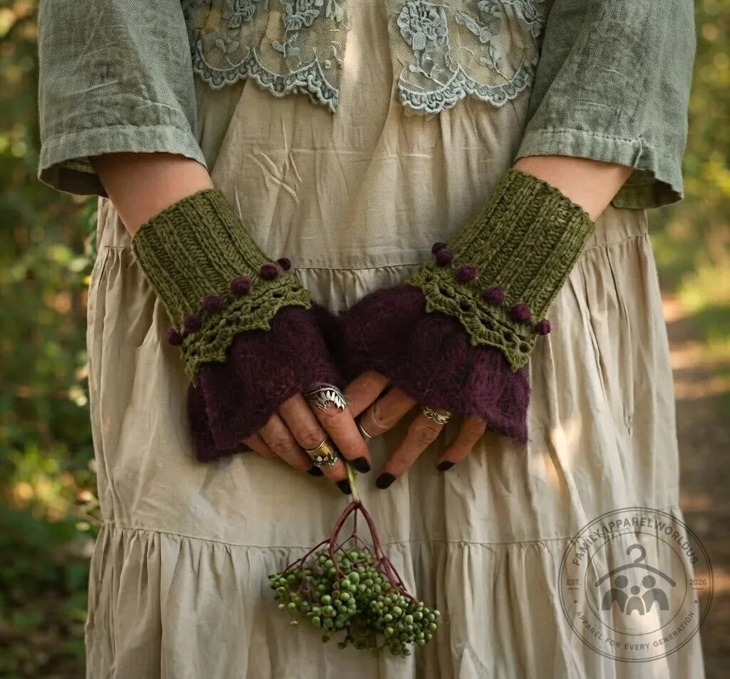 Tudor Rose Knit Fingerless Gloves with Beads Ruffles
