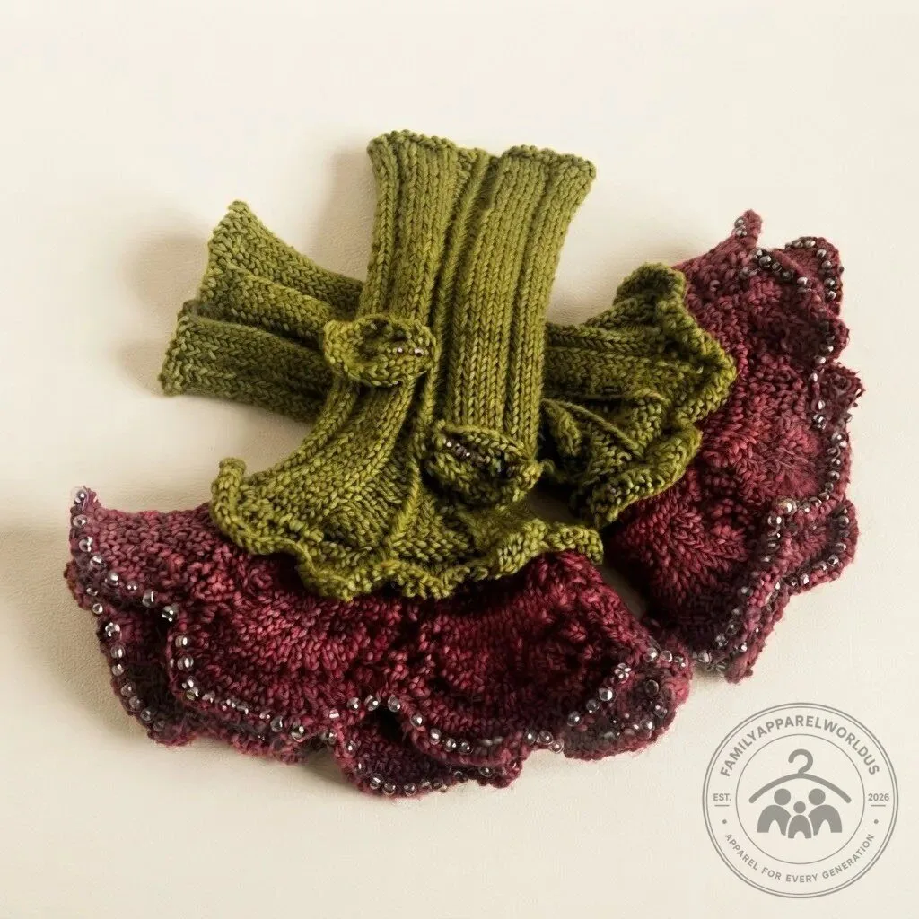 Tudor Rose Knit Fingerless Gloves with Beads Ruffles 8 Boho Knit Fingerless Gloves with Beads Ruffles product design shown in a detailed view