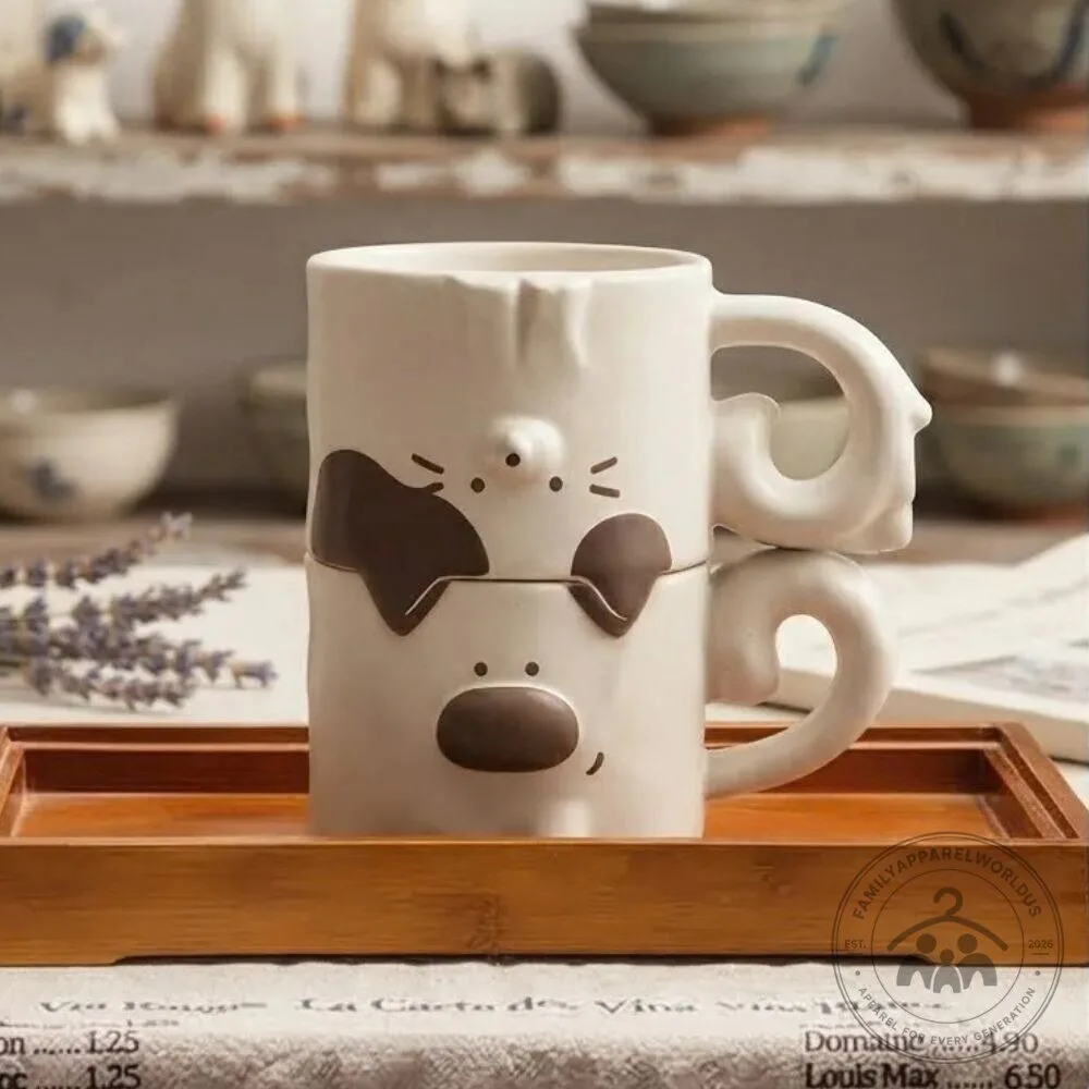 Cute Stackable Dog Cat Mug Set Couple Gift