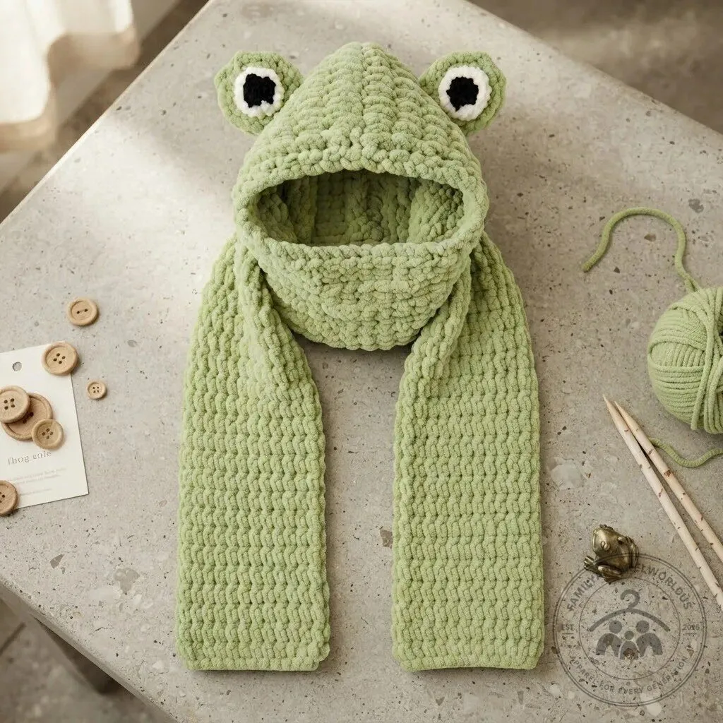 Chunky Knit Frog Hooded Scarf with Ears 8 Chunky Knit Frog Hooded Scarf with Ears product design shown in a detailed view