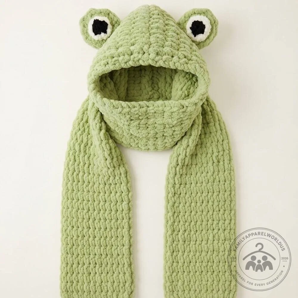 Chunky Knit Frog Hooded Scarf with Ears 9 Chunky Knit Frog Hooded Scarf with Ears product design shown in a detailed view