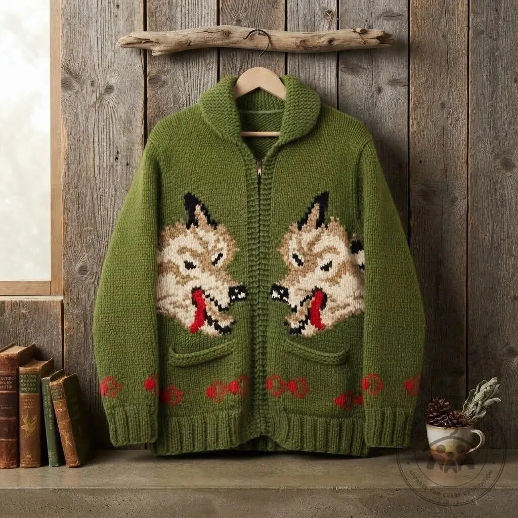 Fox Jacquard Wool Cardigan Sweater Full Zip 5 Wolf Jacquard Wool Cardigan Sweater Full Zip