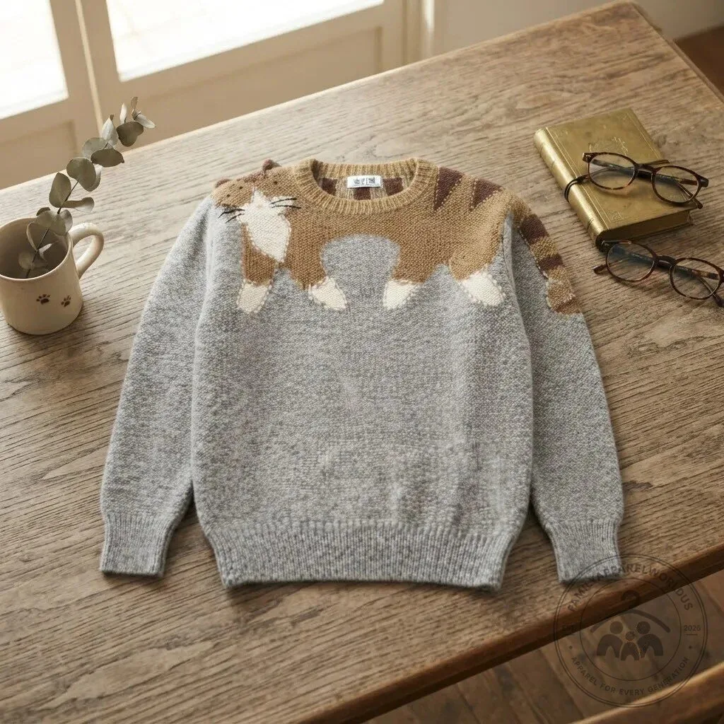 Cute Cat Print Knit Crewneck Pullover Sweater