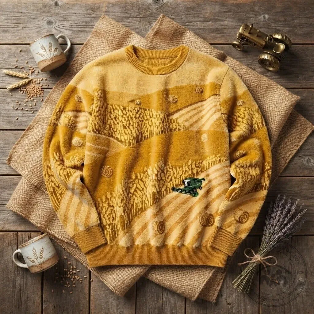 Vintage Wheat Field Harvest Landscape Knit Sweater