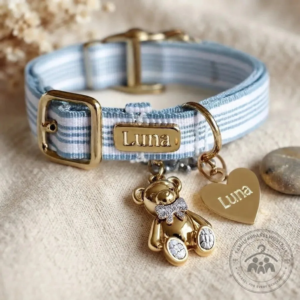 Custom Blue Striped Cat Collar with Charm 5 Custom Blue Striped Cat Collar with Charm