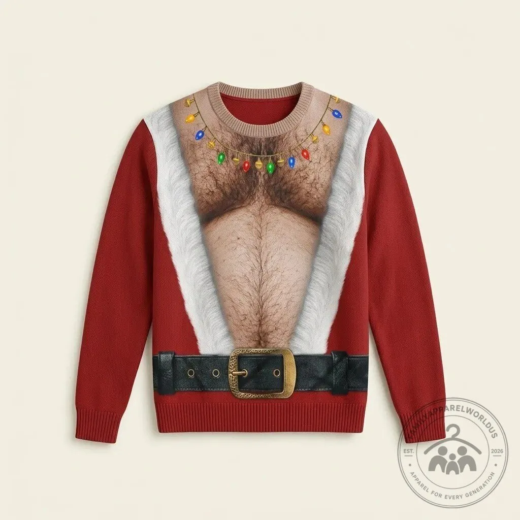Funny Hairy Chest Santa Ugly Christmas Sweater 9 Funny Hairy Chest Santa Ugly Christmas Sweater product design shown in a detailed view