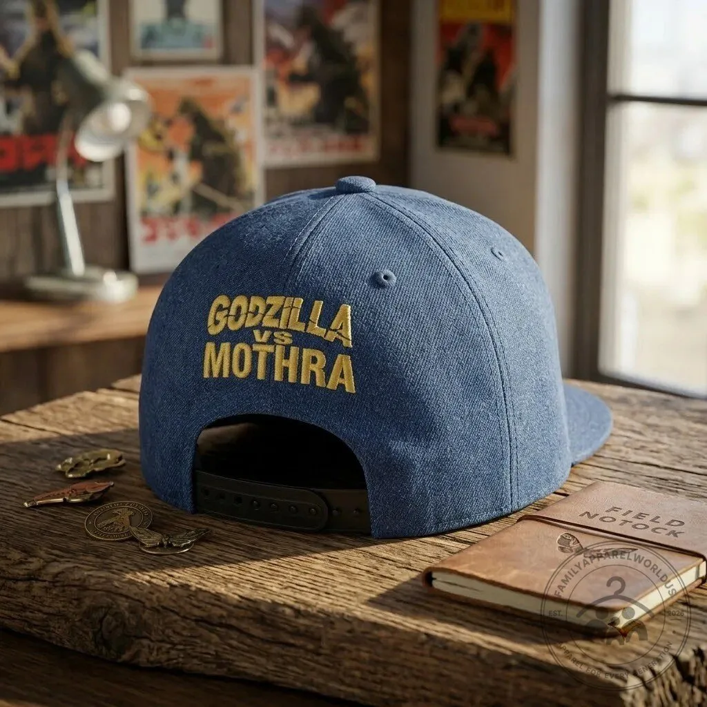 Godzilla vs Mothra Vintage Denim Snapback Hat 9 Godzilla vs Mothra Vintage Denim Snapback Hat product design shown in a detailed view