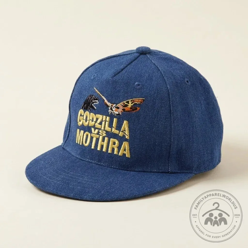 Godzilla vs Mothra Vintage Denim Snapback Hat 10 Godzilla vs Mothra Vintage Denim Snapback Hat product design shown in a detailed view