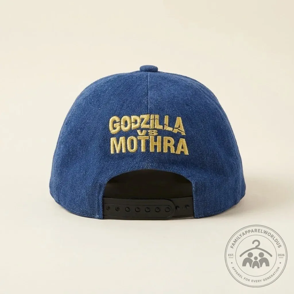 Godzilla vs Mothra Vintage Denim Snapback Hat 11 Godzilla vs Mothra Vintage Denim Snapback Hat product design shown in a detailed view